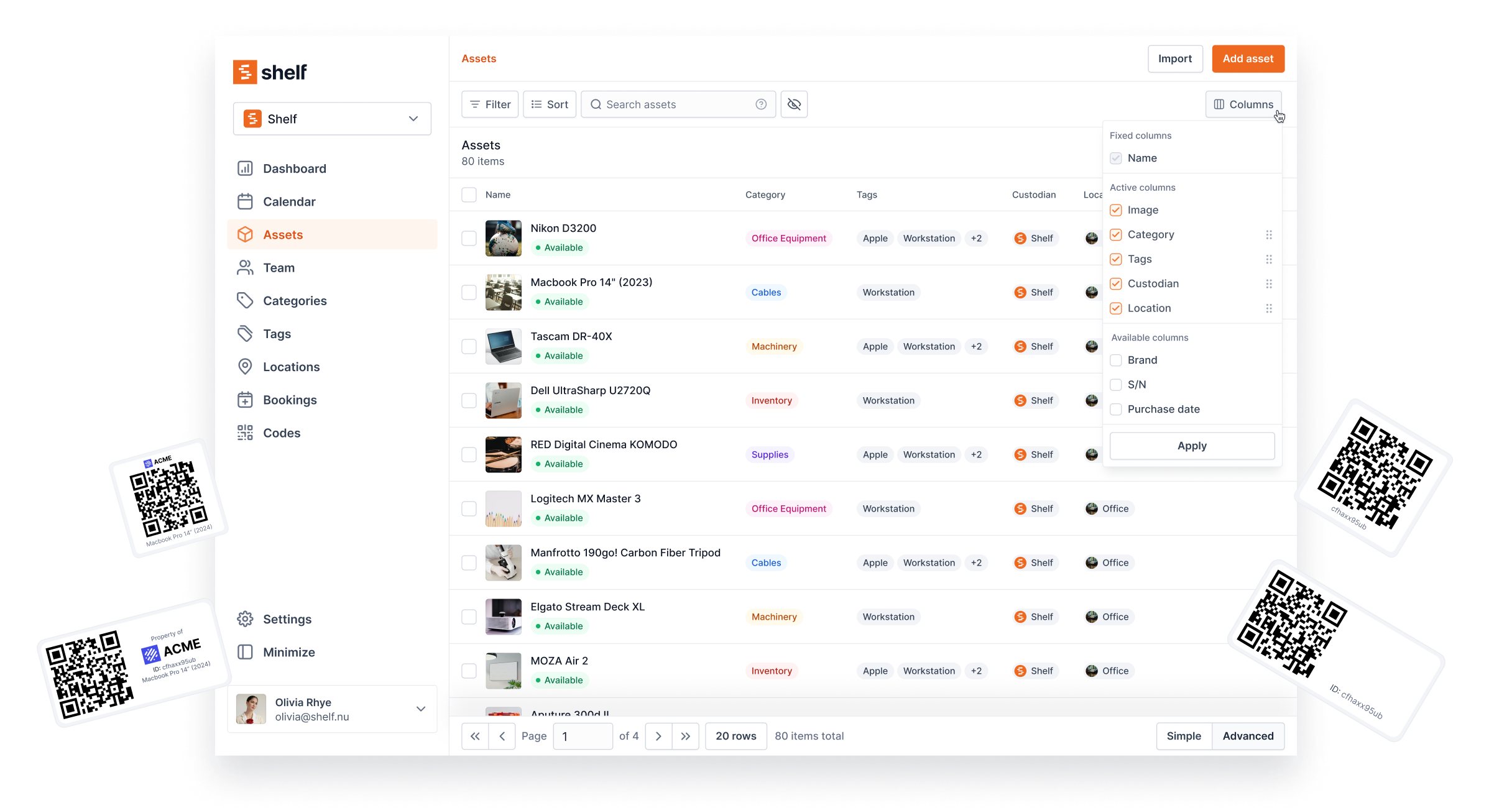 Shelf Asset Management — asset index with QR codes and labels