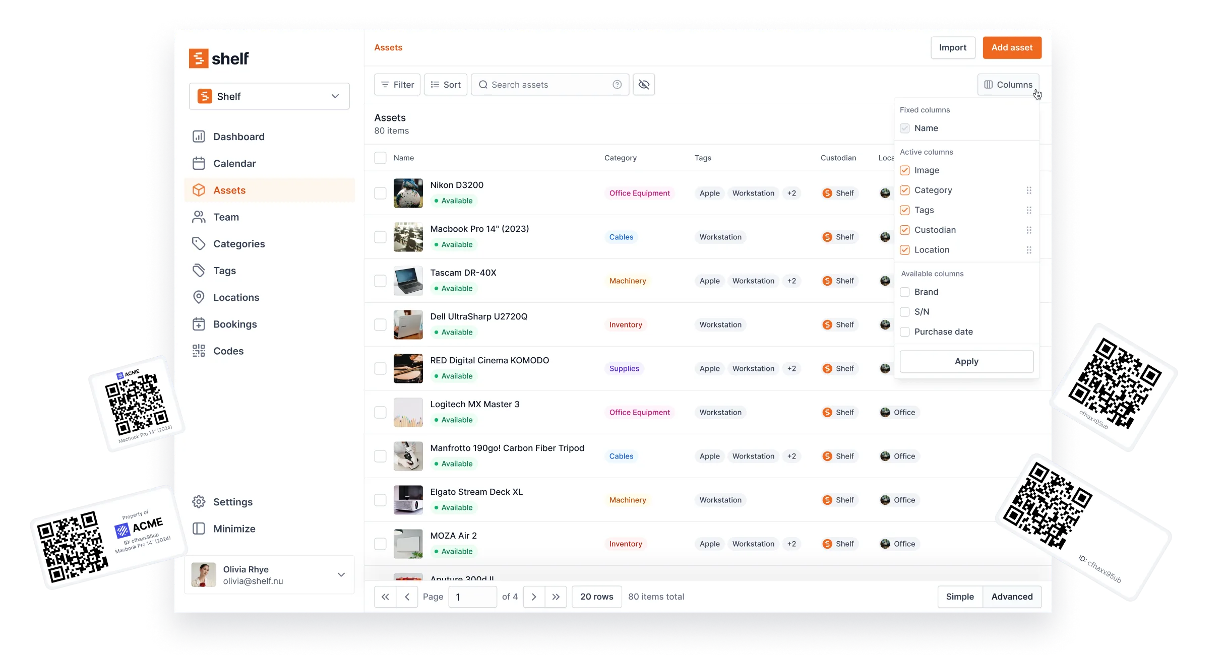 Shelf Asset Management — asset index with QR codes and labels