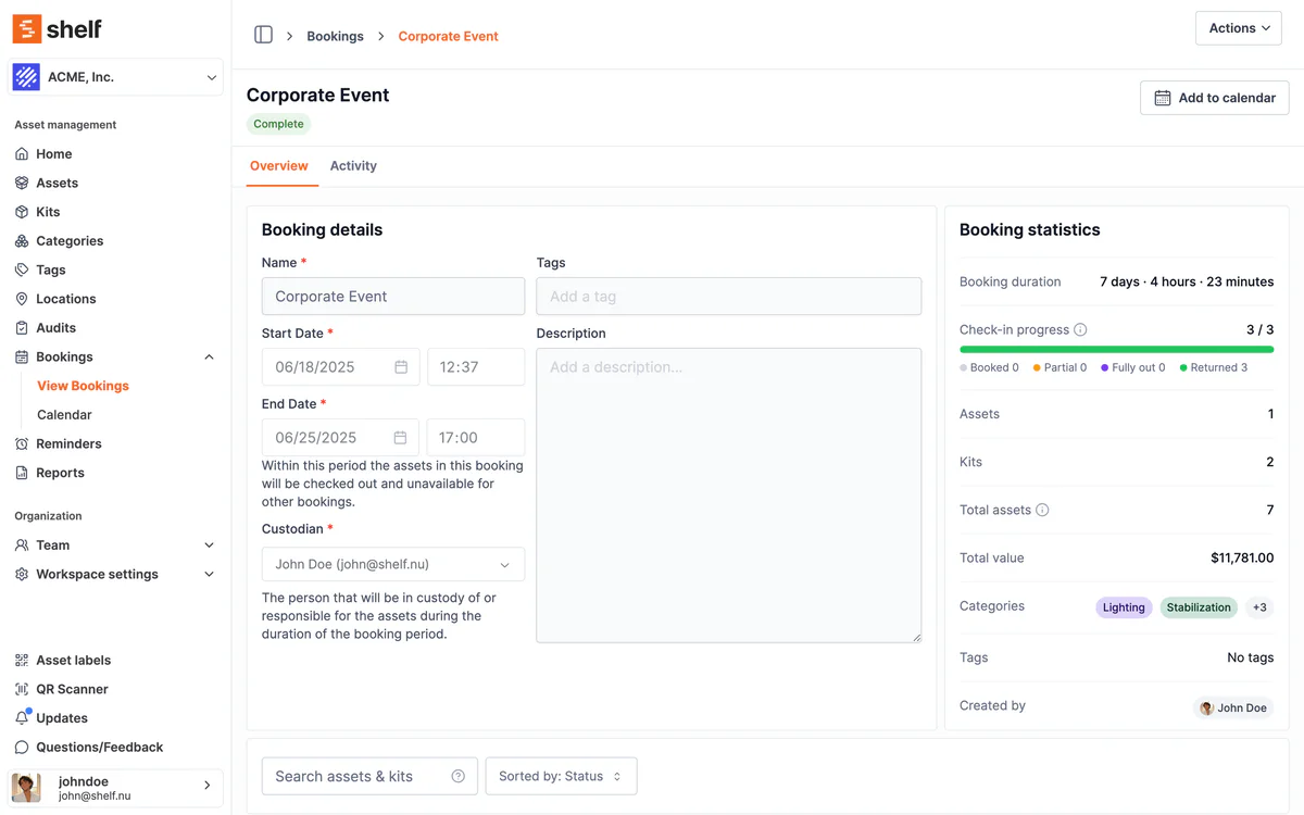 A booking in Shelf with its check-in progress, assets and kits