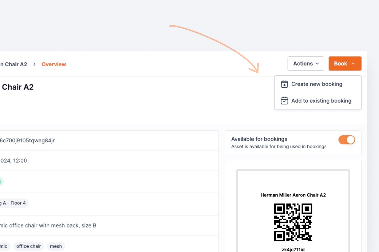 Add assets to existing or new bookings via the asset page