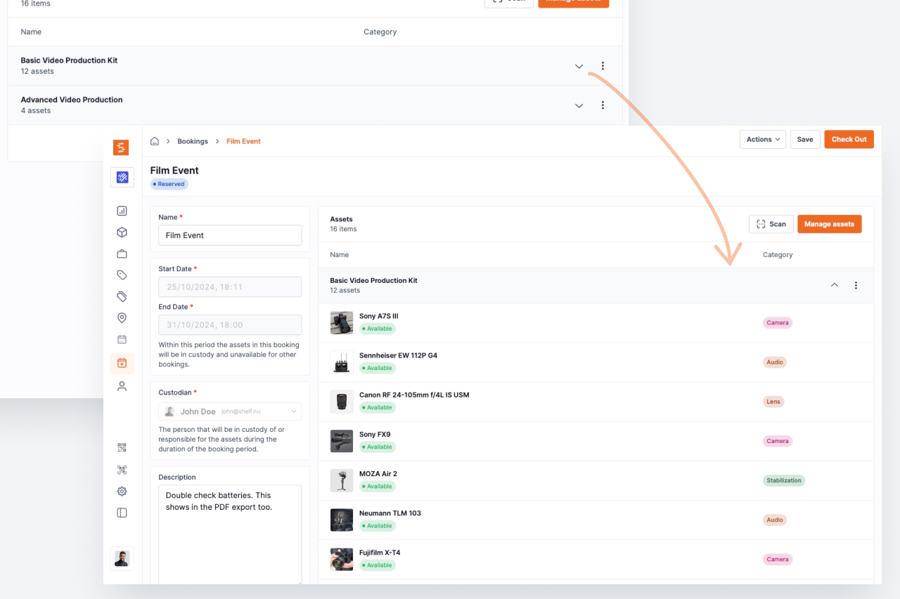 Compact view for Kits added to Bookings